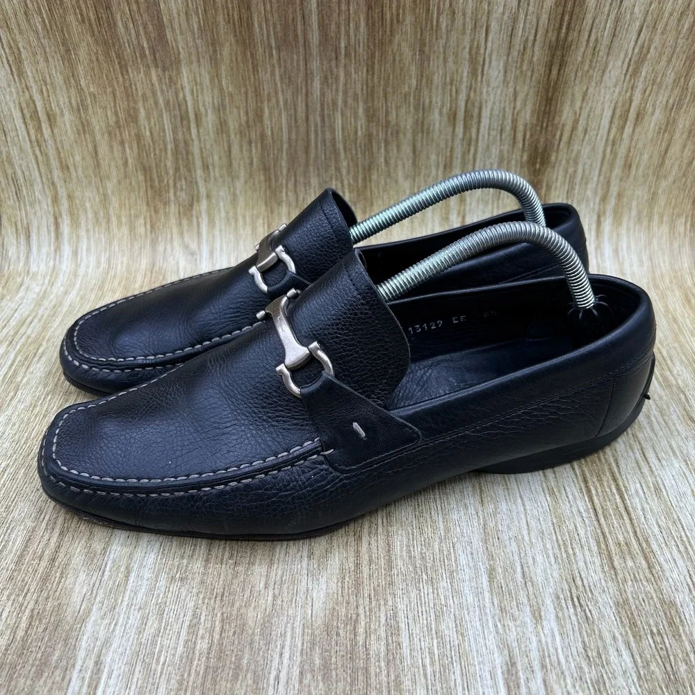 Salvatore Ferragamo Gancini Bit Loafers Men's 8.5 EE Black Pebbled Leather Italy